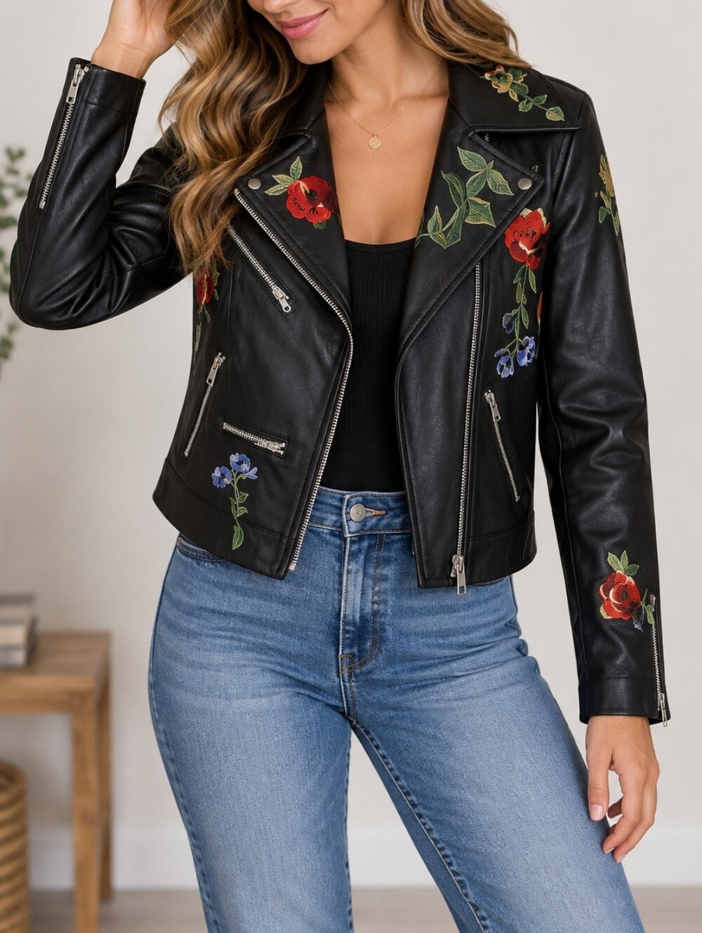 OLIVACEOUS Black Faux Leather Floral Embroidered Moto Jacket – Medium